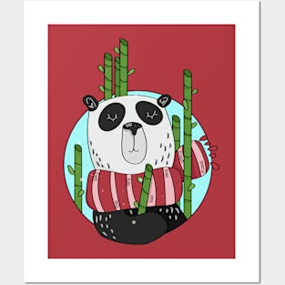 Cute Christmas Panda Bear Illustration // Panda in Bamboo Posters and Art